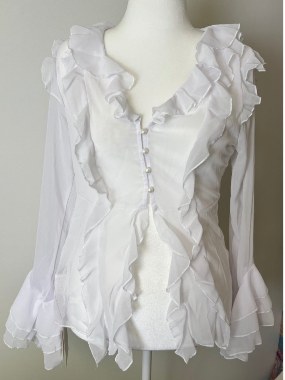 White Chiffon Ruffle Blouse | Bell Sleeve | Button Front | NWT | L